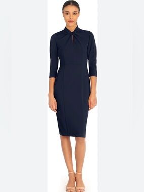 Donna Morgan Black Stretch Crepe 3/4 Sleeve W/ Twisted Neckline Dress Sz 14 EUC